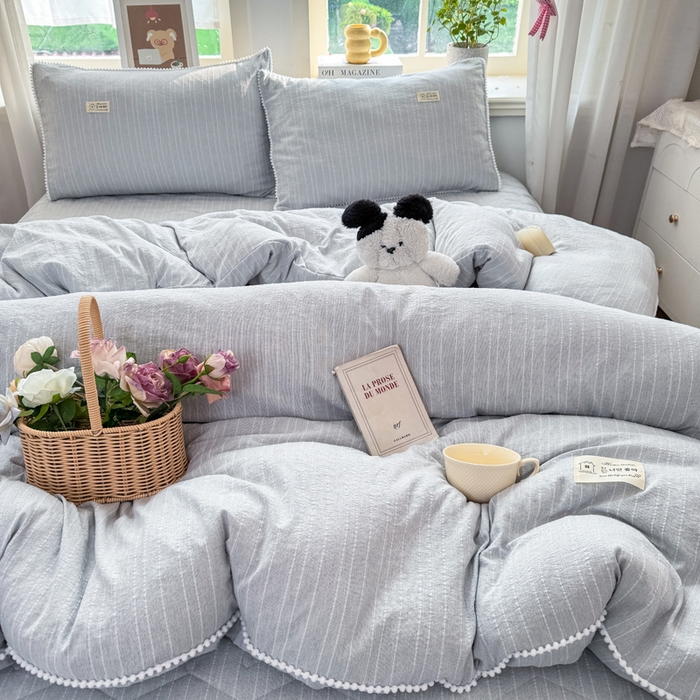 91家纺网 家纺一手货源 找家纺 蝶帕家纺 2026新款无印色织提花加棉床笠四件套 浅兰