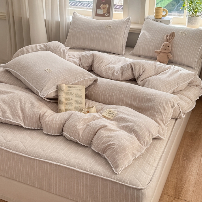 91家纺网 家纺一手货源 找家纺 蝶帕家纺 2026新款无印色织提花加棉床笠四件套 卡其