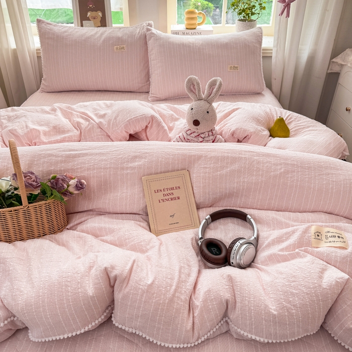 91家纺网 家纺一手货源 找家纺 蝶帕家纺 2026新款无印色织提花加棉床笠四件套 柔雾粉