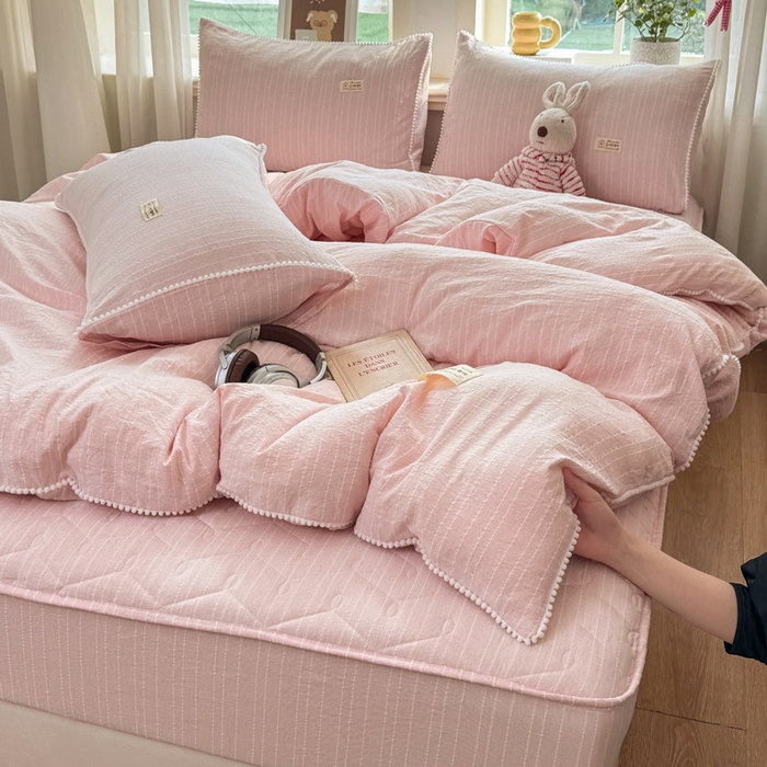 蝶帕家纺 2026新款无印色织提花加棉床笠四件套 柔雾粉