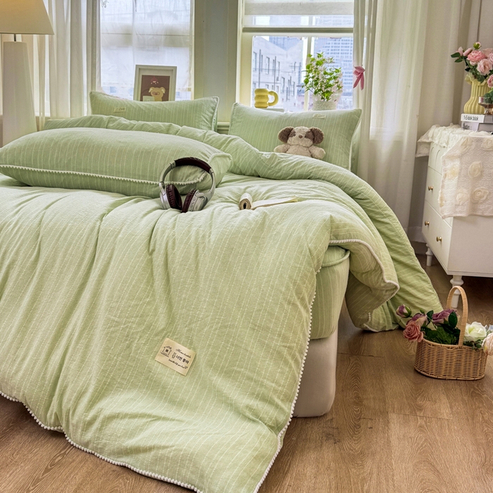 91家纺网 家纺一手货源 找家纺 蝶帕家纺 2026新款无印色织提花加棉床笠四件套 泡芙绿