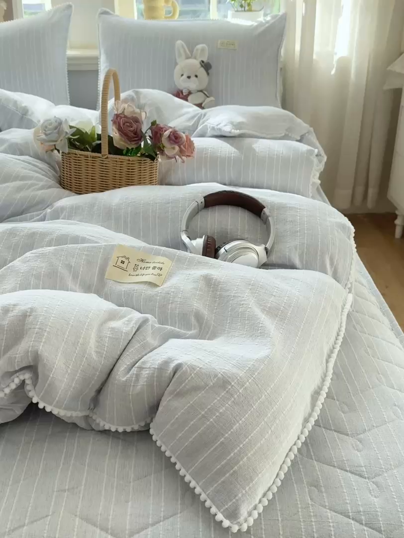 91家纺网 家纺一手货源 找家纺 蝶帕家纺 2026新款无印色织提花加棉床笠四件套 浅灰