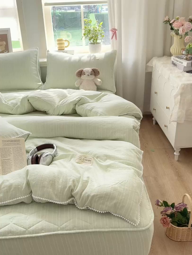 91家纺网 家纺一手货源 找家纺 蝶帕家纺 2026新款无印色织提花加棉床笠四件套 泡芙绿