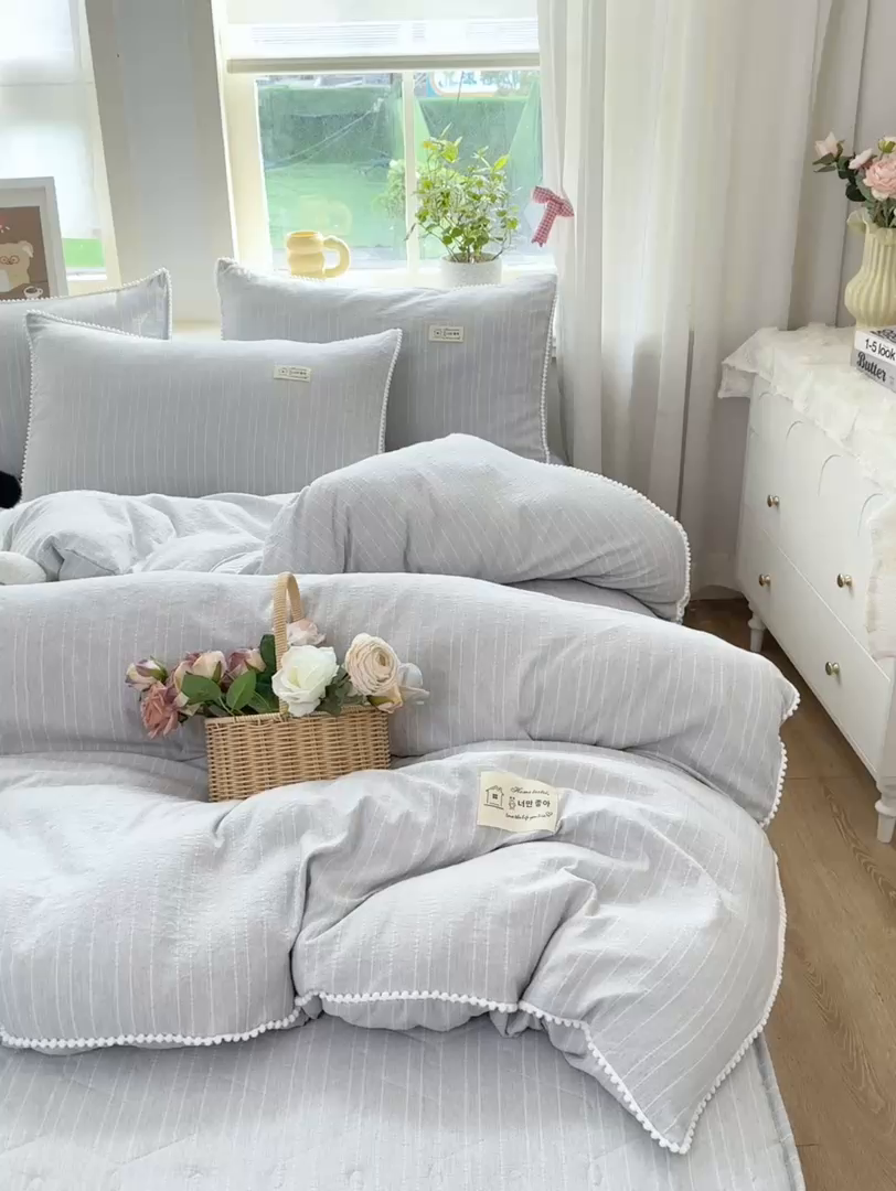 91家纺网 家纺一手货源 找家纺 蝶帕家纺 2026新款无印色织提花加棉床笠四件套 浅兰