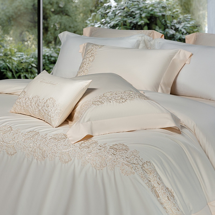 91家纺网 家纺一手货源 找家纺 诗黛尔 2026春夏新款全棉纯棉长绒棉刺绣四件套-幽花庭 幽花庭-奶昔黄