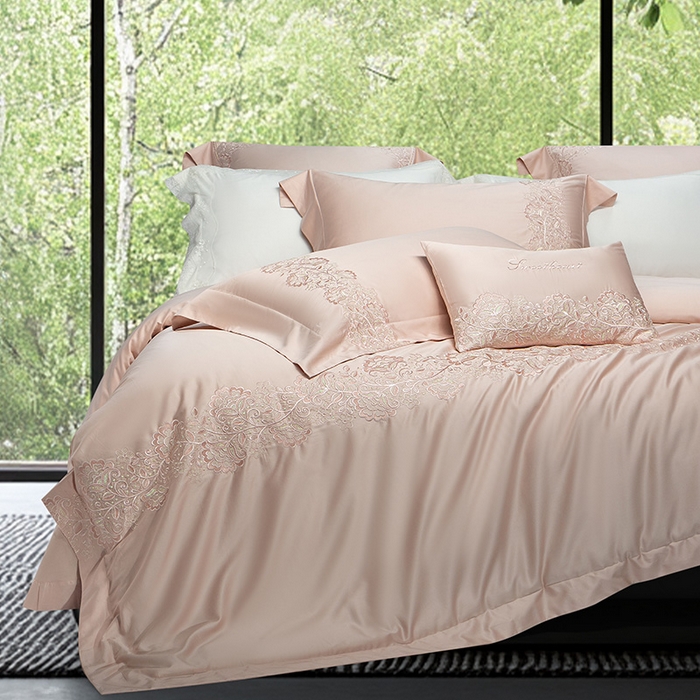 91家纺网 家纺一手货源 找家纺 诗黛尔 2026春夏新款全棉纯棉长绒棉刺绣四件套-幽花庭 幽花庭-落樱粉