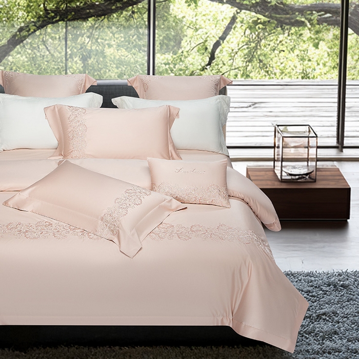 91家纺网 家纺一手货源 找家纺 诗黛尔 2026春夏新款全棉纯棉长绒棉刺绣四件套-幽花庭 幽花庭-落樱粉