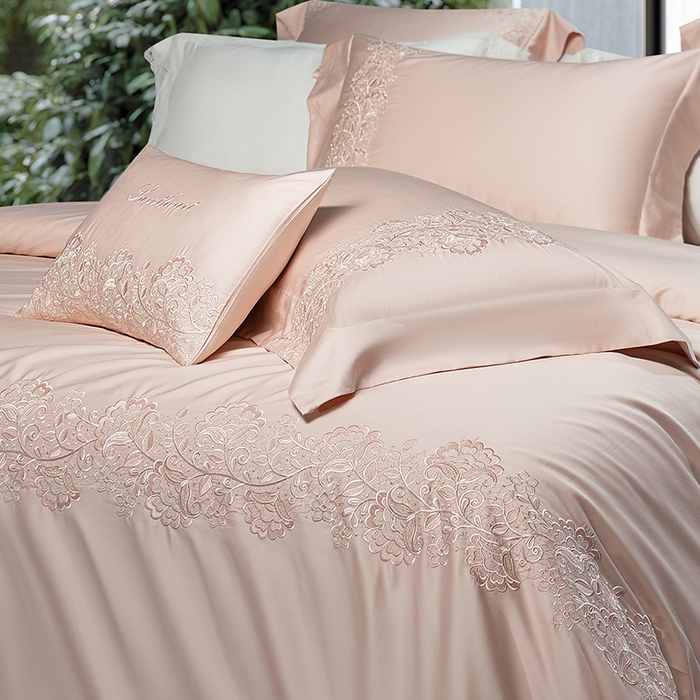 91家纺网 家纺一手货源 找家纺 诗黛尔 2026春夏新款全棉纯棉长绒棉刺绣四件套-幽花庭 幽花庭-落樱粉