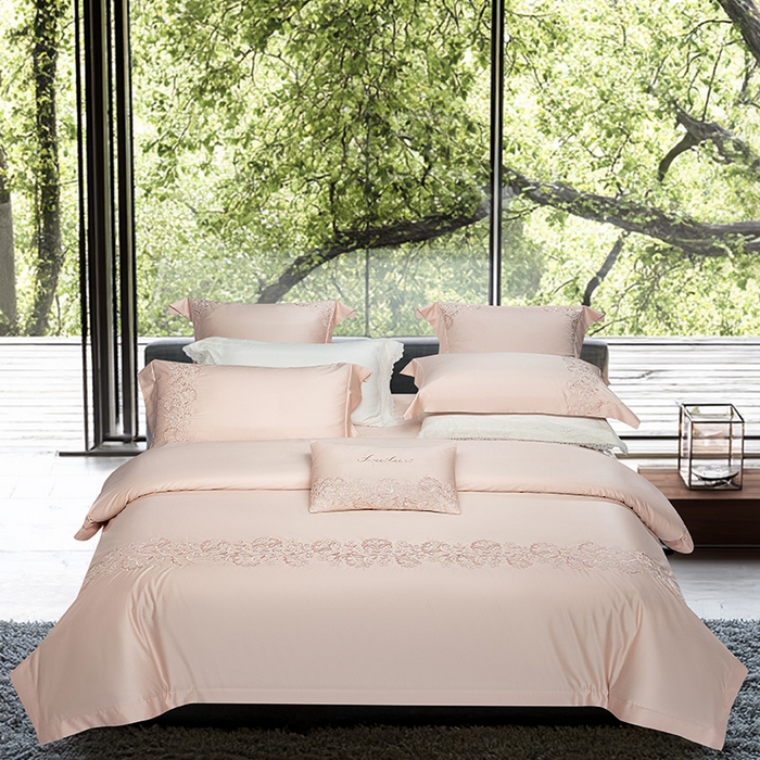 诗黛尔 2026春夏新款全棉纯棉长绒棉刺绣四件套-幽花庭 幽花庭-落樱粉