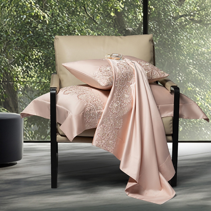 91家纺网 家纺一手货源 找家纺 诗黛尔 2026春夏新款全棉纯棉长绒棉刺绣四件套-幽花庭 幽花庭-落樱粉