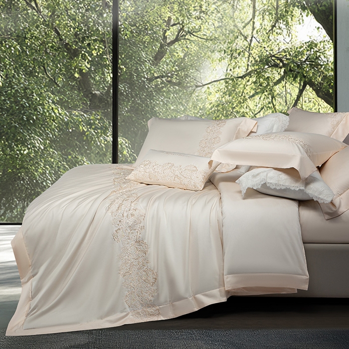 91家纺网 家纺一手货源 找家纺 诗黛尔 2026春夏新款全棉纯棉长绒棉刺绣四件套-幽花庭 幽花庭-奶昔黄