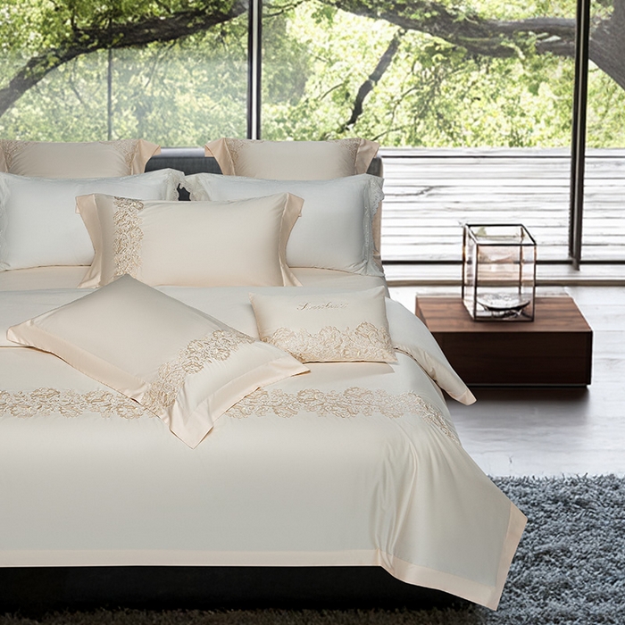 91家纺网 家纺一手货源 找家纺 诗黛尔 2026春夏新款全棉纯棉长绒棉刺绣四件套-幽花庭 幽花庭-奶昔黄