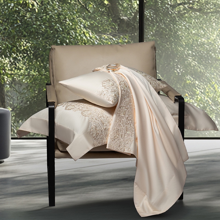 91家纺网 家纺一手货源 找家纺 诗黛尔 2026春夏新款全棉纯棉长绒棉刺绣四件套-幽花庭 幽花庭-奶昔黄