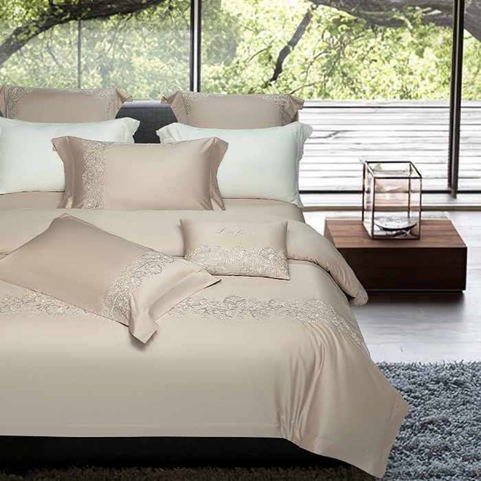 91家纺网 家纺一手货源 找家纺 诗黛尔 2026春夏新款全棉纯棉长绒棉刺绣四件套-幽花庭 幽花庭-卡其色