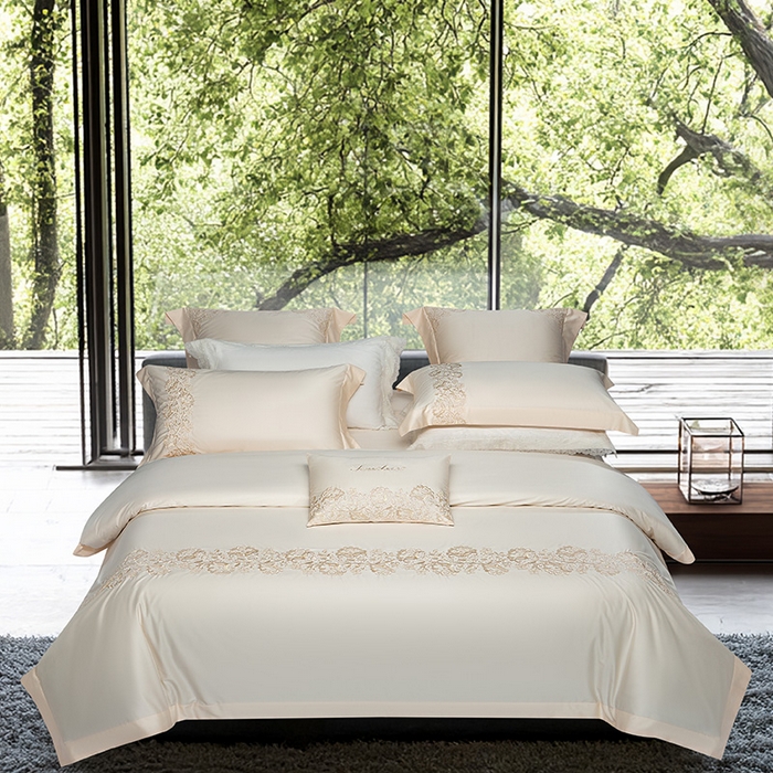 诗黛尔 2026春夏新款全棉纯棉长绒棉刺绣四件套-幽花庭 幽花庭-奶昔黄