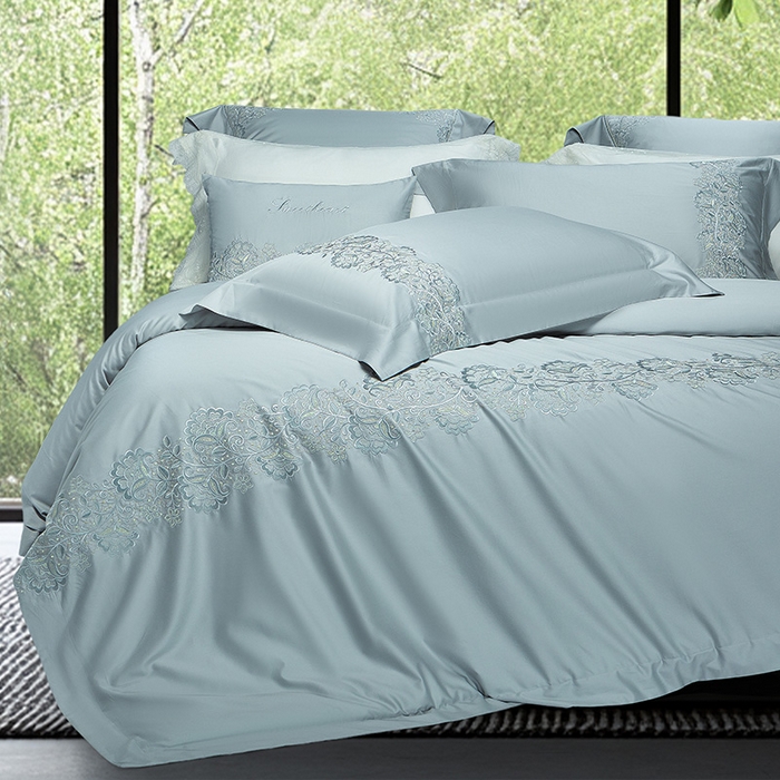 91家纺网 家纺一手货源 找家纺 诗黛尔 2026春夏新款全棉纯棉长绒棉刺绣四件套-幽花庭 幽花庭-极光蓝