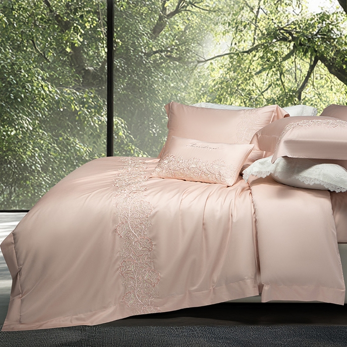 91家纺网 家纺一手货源 找家纺 诗黛尔 2026春夏新款全棉纯棉长绒棉刺绣四件套-幽花庭 幽花庭-落樱粉