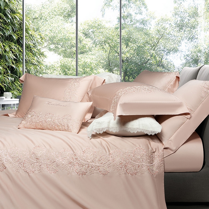 91家纺网 家纺一手货源 找家纺 诗黛尔 2026春夏新款全棉纯棉长绒棉刺绣四件套-幽花庭 幽花庭-落樱粉