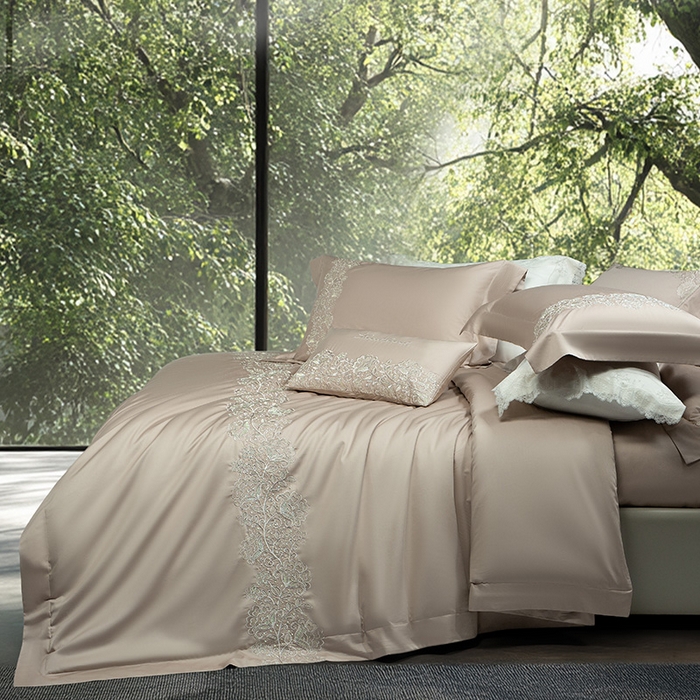 91家纺网 家纺一手货源 找家纺 诗黛尔 2026春夏新款全棉纯棉长绒棉刺绣四件套-幽花庭 幽花庭-卡其色