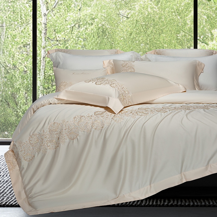 91家纺网 家纺一手货源 找家纺 诗黛尔 2026春夏新款全棉纯棉长绒棉刺绣四件套-幽花庭 幽花庭-奶昔黄