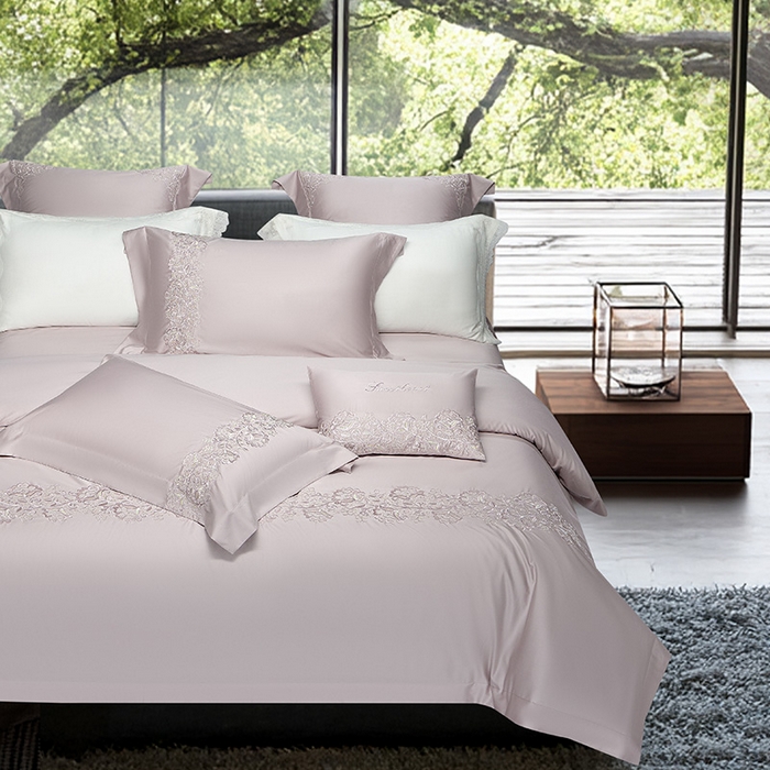 91家纺网 家纺一手货源 找家纺 诗黛尔 2026春夏新款全棉纯棉长绒棉刺绣四件套-幽花庭 幽花庭-淡雅紫