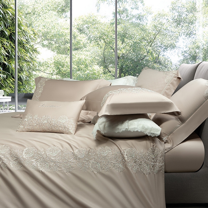 91家纺网 家纺一手货源 找家纺 诗黛尔 2026春夏新款全棉纯棉长绒棉刺绣四件套-幽花庭 幽花庭-卡其色