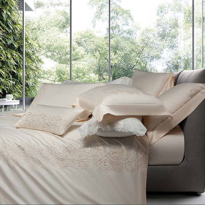 91家纺网 家纺一手货源 找家纺 诗黛尔 2026春夏新款全棉纯棉长绒棉刺绣四件套-幽花庭 幽花庭-奶昔黄