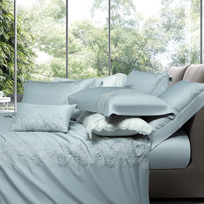 91家纺网 家纺一手货源 找家纺 诗黛尔 2026春夏新款全棉纯棉长绒棉刺绣四件套-幽花庭 幽花庭-极光蓝