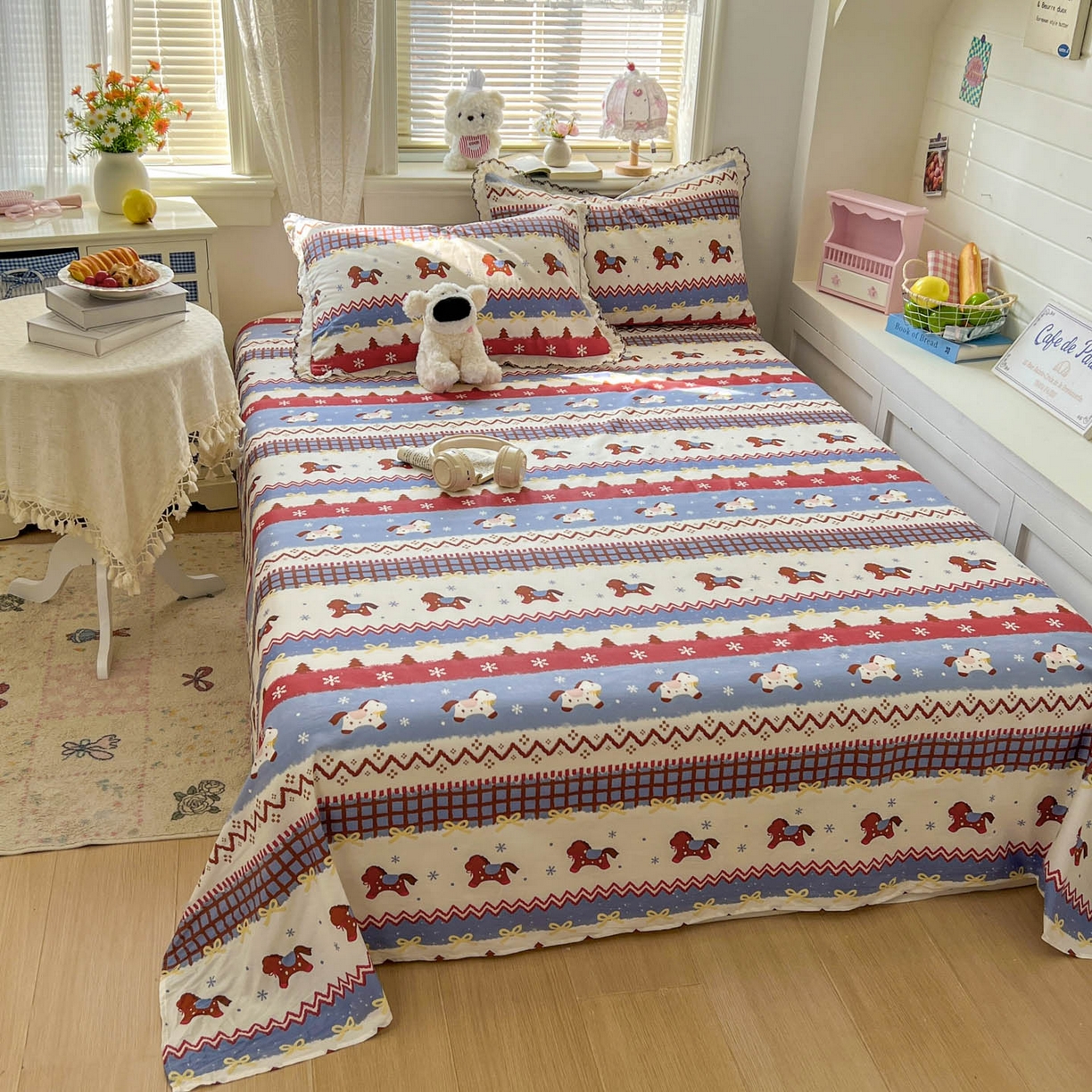 91家纺网 家纺一手货源 找家纺 希诺家居 2026新款费尔岛风全棉纯棉小清新单品床单床笠三件套-第二批 费尔岛梦幻小马