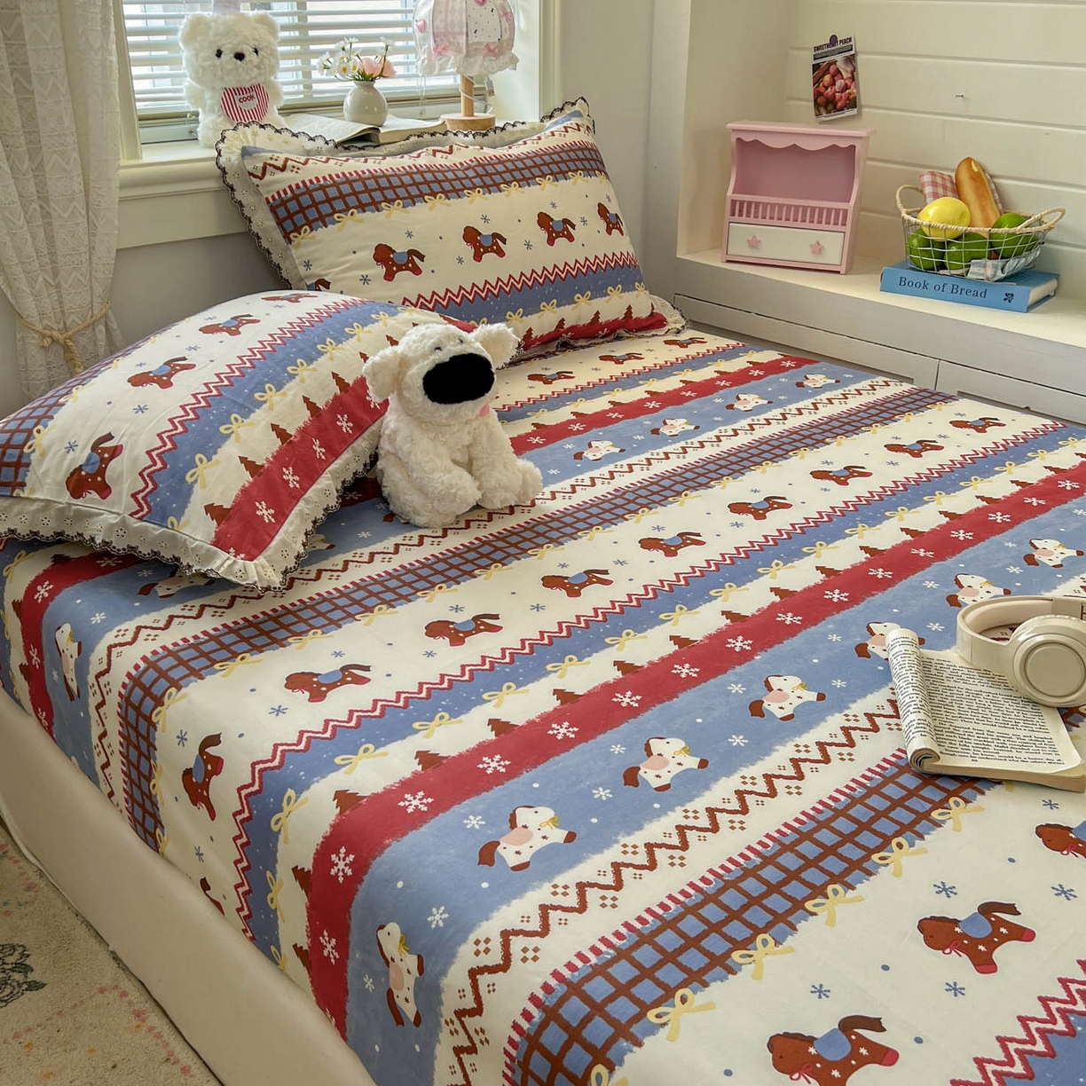 91家纺网 家纺一手货源 找家纺 希诺家居 2026新款费尔岛风全棉纯棉小清新单品床单床笠三件套-第二批 费尔岛梦幻小马