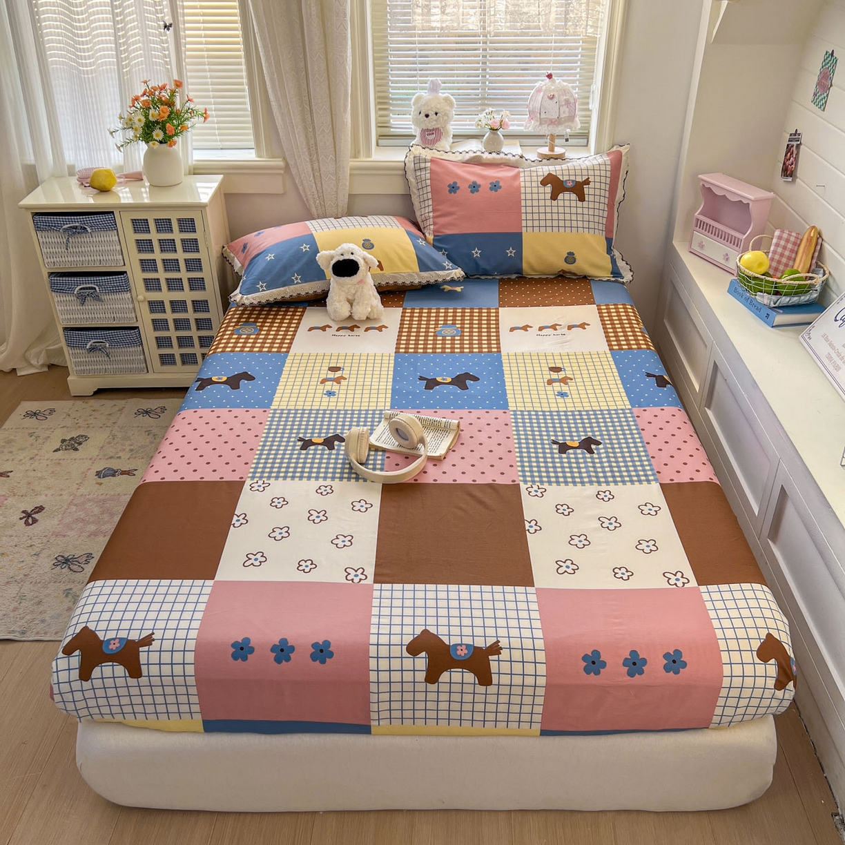 91家纺网 家纺一手货源 找家纺 希诺家居 2026新款费尔岛风全棉纯棉小清新单品床单床笠三件套-第二批 可可布丁马