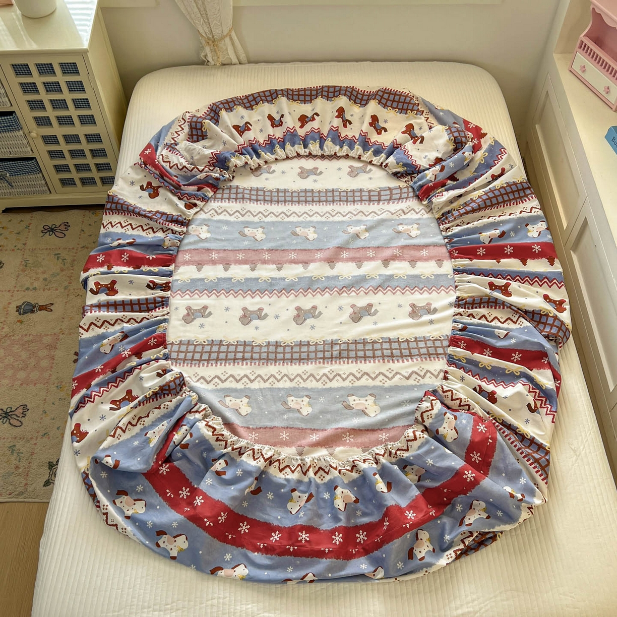 91家纺网 家纺一手货源 找家纺 希诺家居 2026新款费尔岛风全棉纯棉小清新单品床单床笠三件套-第二批 费尔岛梦幻小马