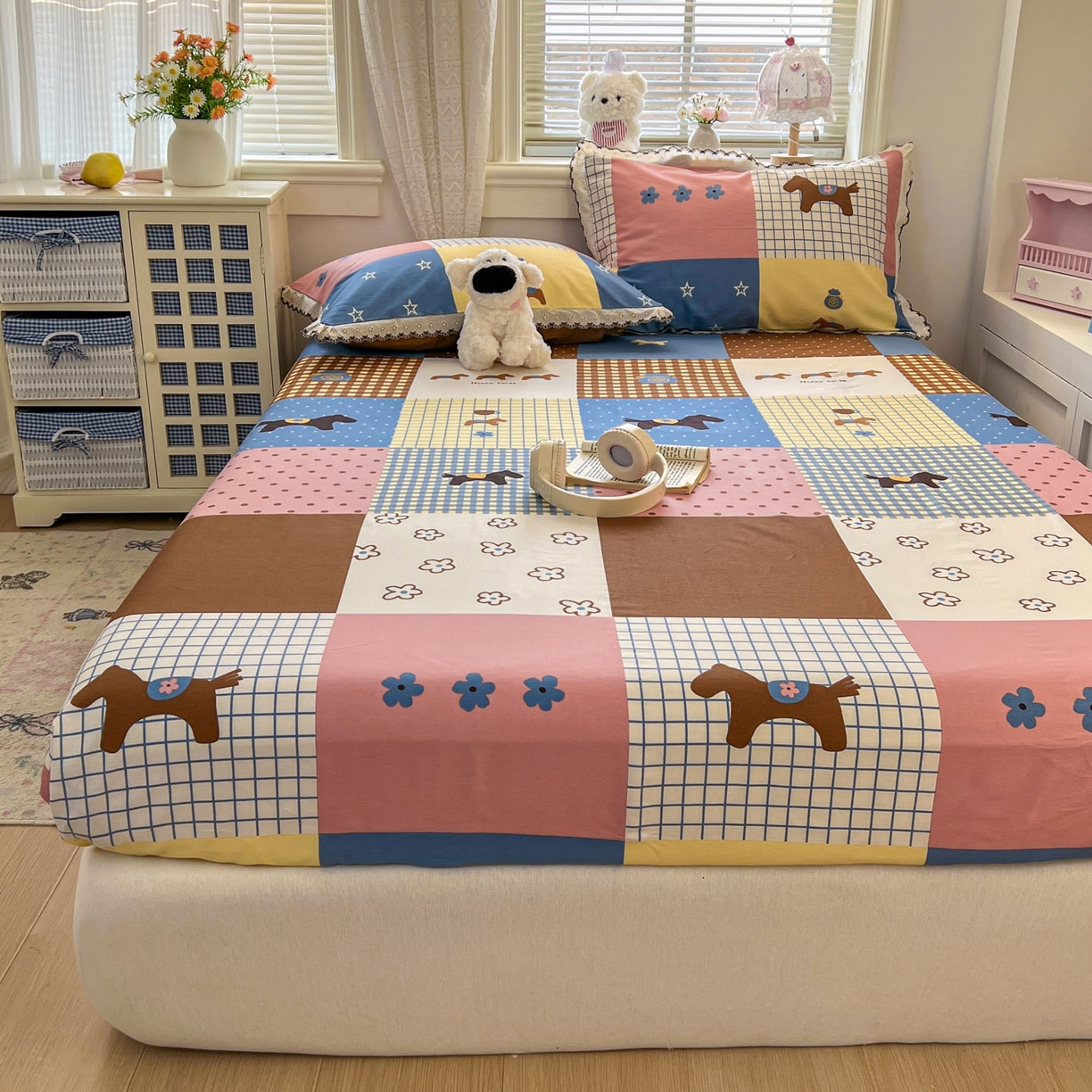 91家纺网 家纺一手货源 找家纺 希诺家居 2026新款费尔岛风全棉纯棉小清新单品床单床笠三件套-第二批 可可布丁马