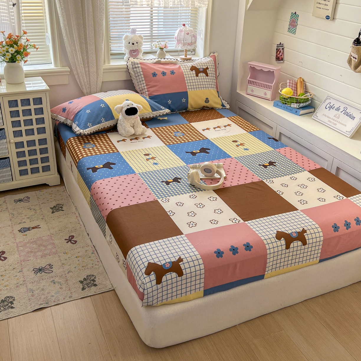 91家纺网 家纺一手货源 找家纺 希诺家居 2026新款费尔岛风全棉纯棉小清新单品床单床笠三件套-第二批 可可布丁马