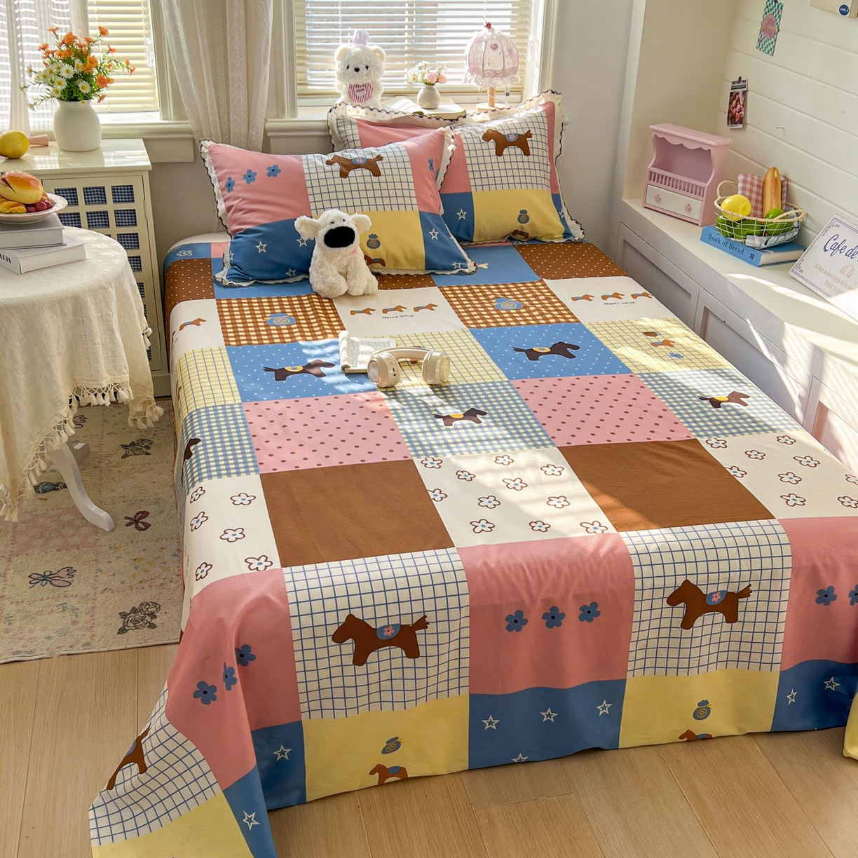 91家纺网 家纺一手货源 找家纺 希诺家居 2026新款费尔岛风全棉纯棉小清新单品床单床笠三件套-第二批 可可布丁马