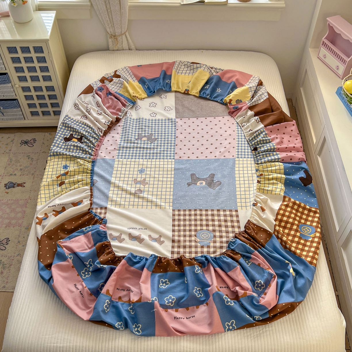 91家纺网 家纺一手货源 找家纺 希诺家居 2026新款费尔岛风全棉纯棉小清新单品床单床笠三件套-第二批 可可布丁马