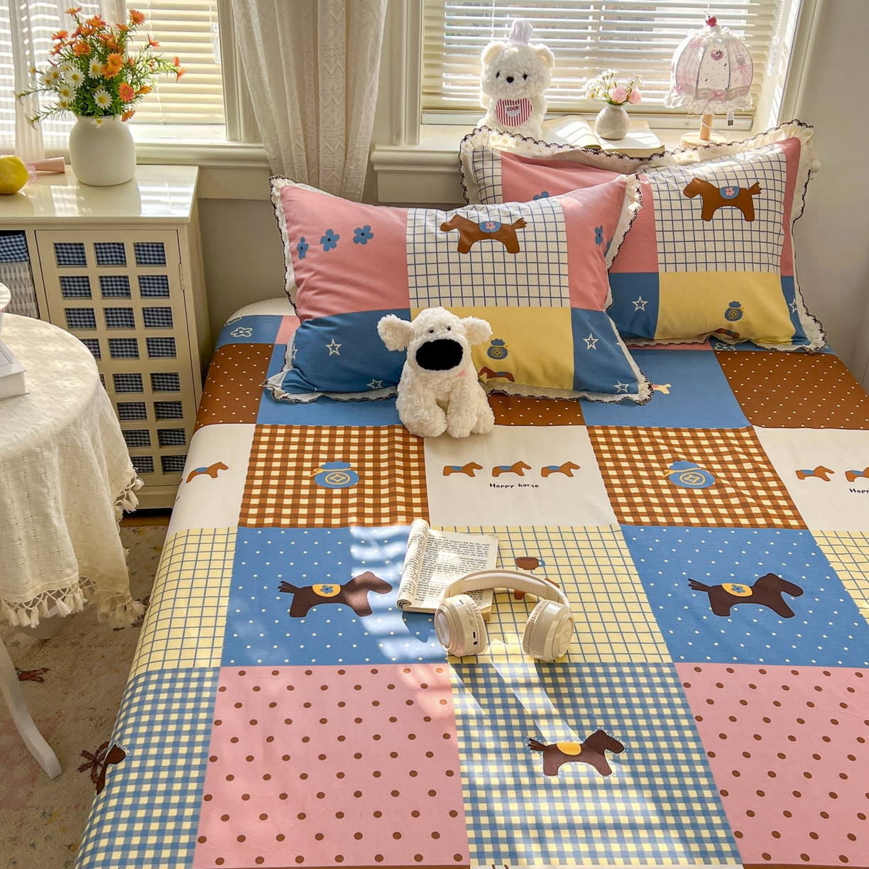 91家纺网 家纺一手货源 找家纺 希诺家居 2026新款费尔岛风全棉纯棉小清新单品床单床笠三件套-第二批 可可布丁马