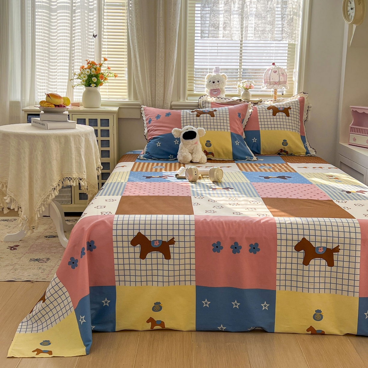 91家纺网 家纺一手货源 找家纺 希诺家居 2026新款费尔岛风全棉纯棉小清新单品床单床笠三件套-第二批 可可布丁马