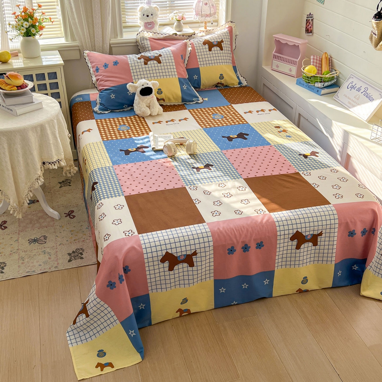 91家纺网 家纺一手货源 找家纺 希诺家居 2026新款费尔岛风全棉纯棉小清新单品床单床笠三件套-第二批 可可布丁马