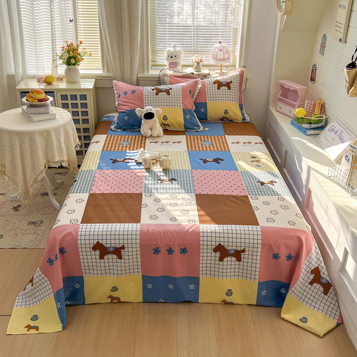 91家纺网 家纺一手货源 找家纺 希诺家居 2026新款费尔岛风全棉纯棉小清新单品床单床笠三件套-第二批 可可布丁马