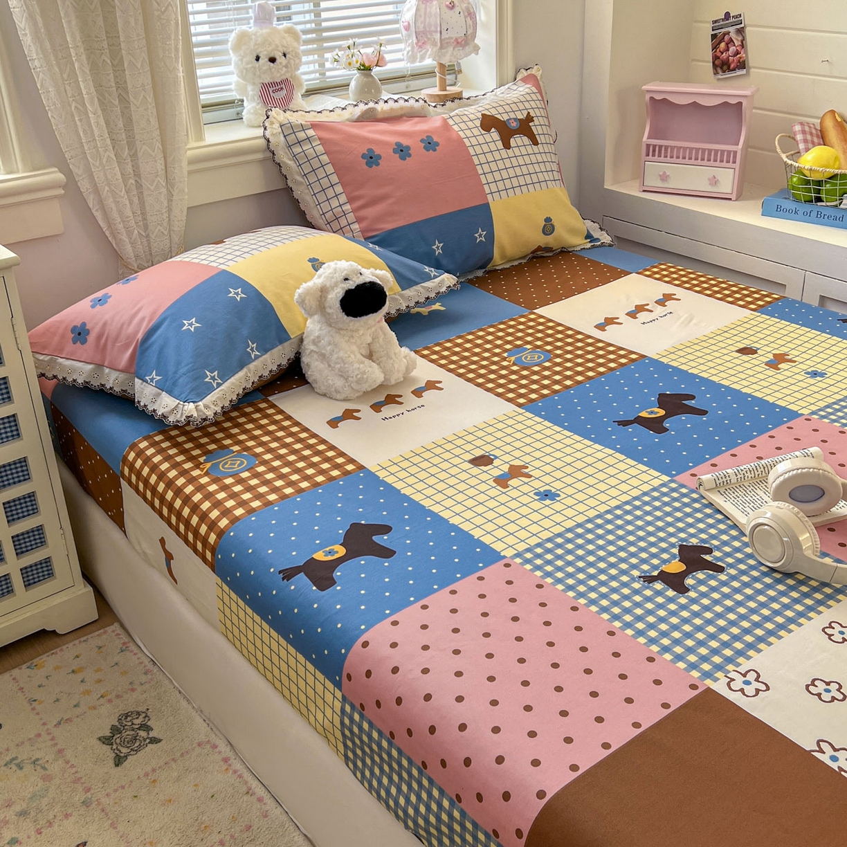 91家纺网 家纺一手货源 找家纺 希诺家居 2026新款费尔岛风全棉纯棉小清新单品床单床笠三件套-第二批 可可布丁马