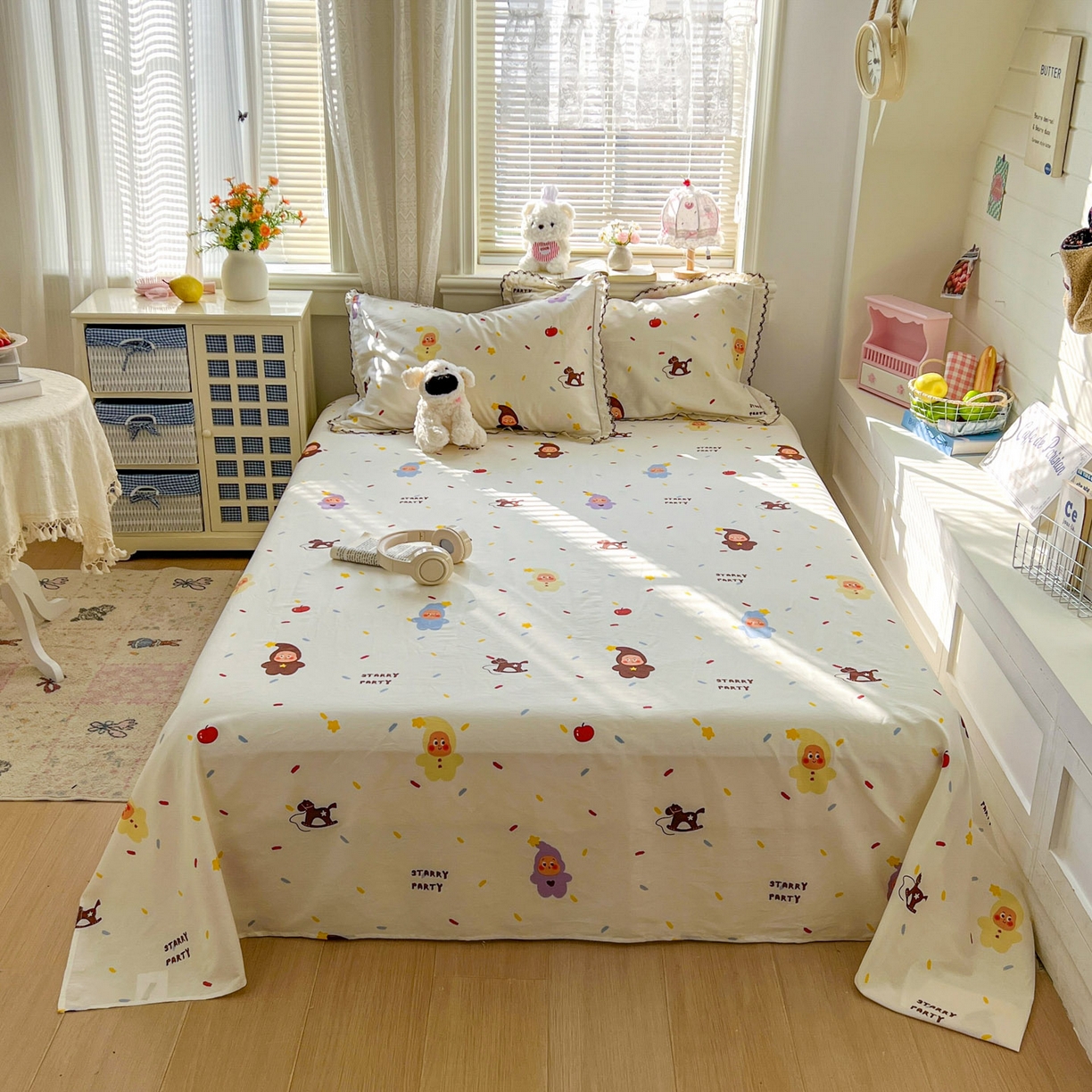 91家纺网 家纺一手货源 找家纺 希诺家居 2026新款费尔岛风全棉纯棉小清新单品床单床笠三件套-第二批 萌萌星宝宝