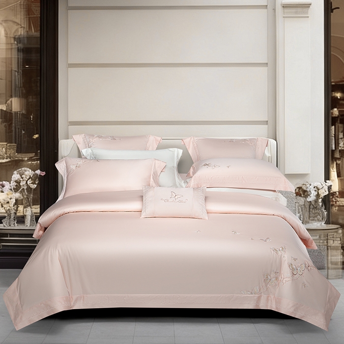 91家纺网 家纺一手货源 找家纺 诗黛尔 2026春夏新款全棉纯棉长绒棉刺绣四件套-蝶恋花 蝶恋花-落樱粉