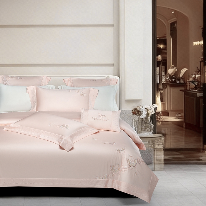 91家纺网 家纺一手货源 找家纺 诗黛尔 2026春夏新款全棉纯棉长绒棉刺绣四件套-蝶恋花 蝶恋花-落樱粉