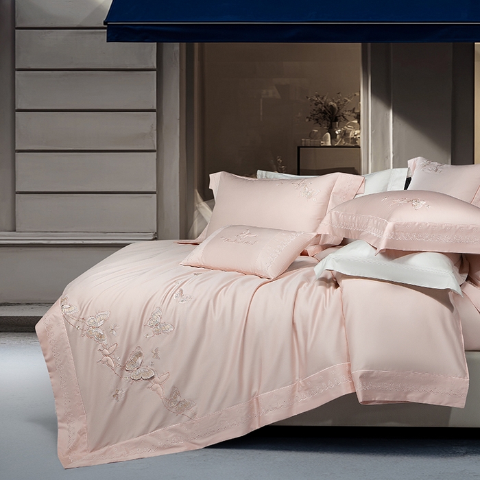 91家纺网 家纺一手货源 找家纺 诗黛尔 2026春夏新款全棉纯棉长绒棉刺绣四件套-蝶恋花 蝶恋花-落樱粉