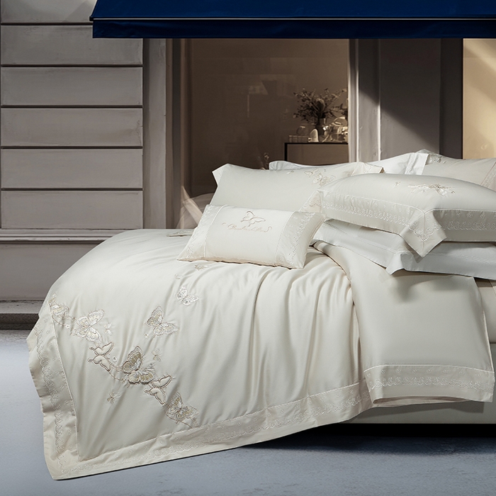 91家纺网 家纺一手货源 找家纺 诗黛尔 2026春夏新款全棉纯棉长绒棉刺绣四件套-蝶恋花 蝶恋花-香槟金