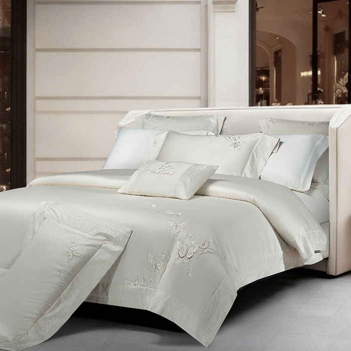 91家纺网 家纺一手货源 找家纺 诗黛尔 2026春夏新款全棉纯棉长绒棉刺绣四件套-蝶恋花 蝶恋花-香槟金