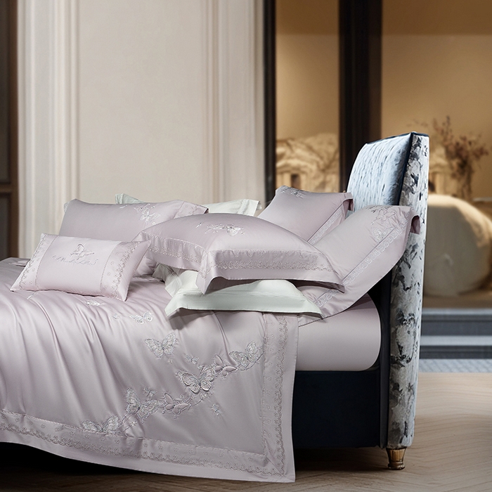 91家纺网 家纺一手货源 找家纺 诗黛尔 2026春夏新款全棉纯棉长绒棉刺绣四件套-蝶恋花 蝶恋花-淡雅紫