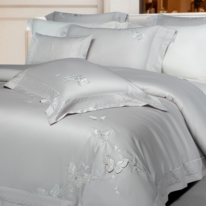 91家纺网 家纺一手货源 找家纺 诗黛尔 2026春夏新款全棉纯棉长绒棉刺绣四件套-蝶恋花 蝶恋花-绅士灰