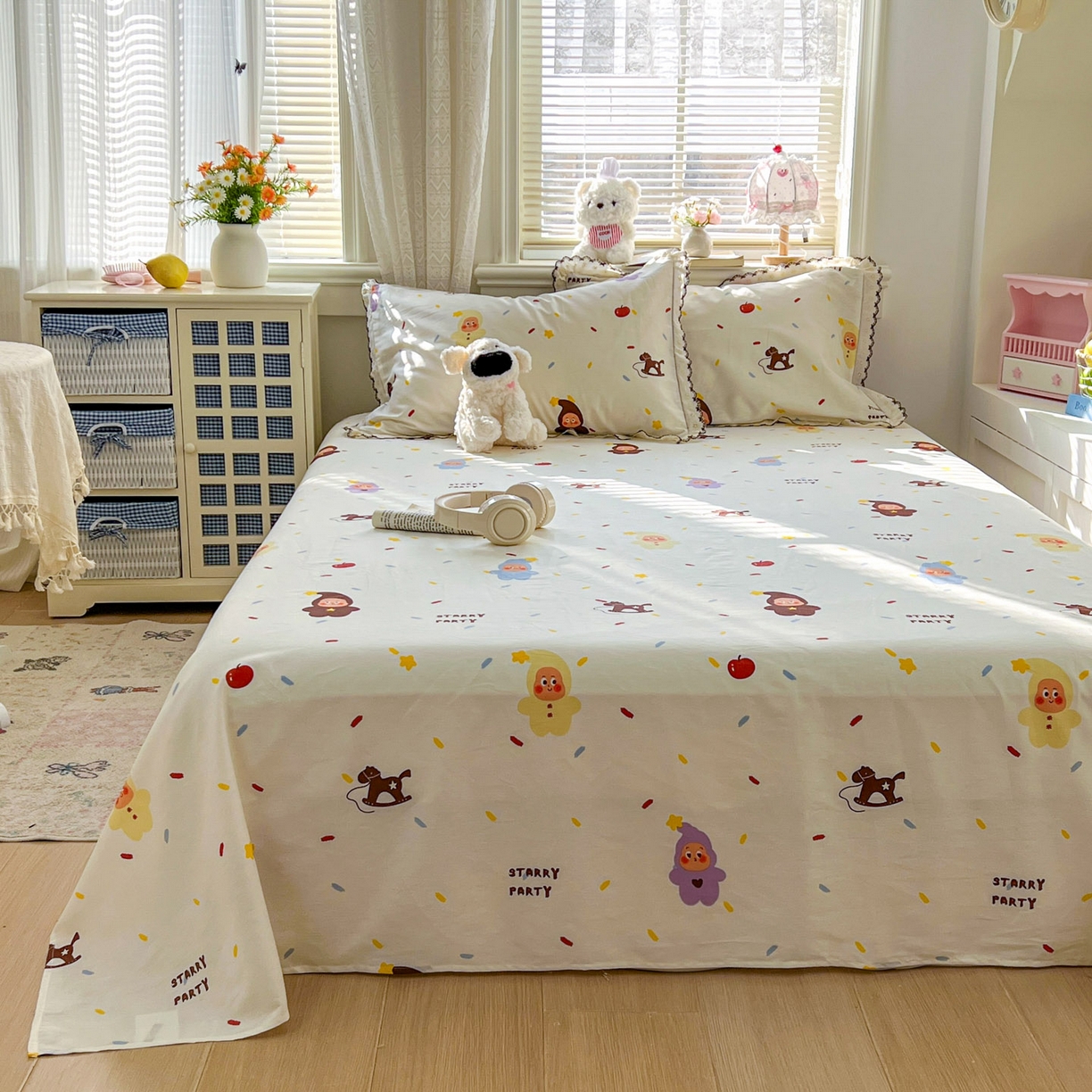 91家纺网 家纺一手货源 找家纺 希诺家居 2026新款费尔岛风全棉纯棉小清新单品床单床笠三件套-第二批 萌萌星宝宝